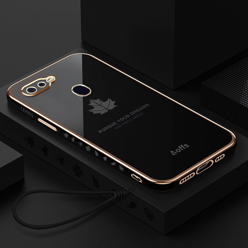 YBD Straight Edge Plating Phone case For OPPO F9 Pro casing, Precise Camera Protection case Maple leaf pattern cover with Free lanyard