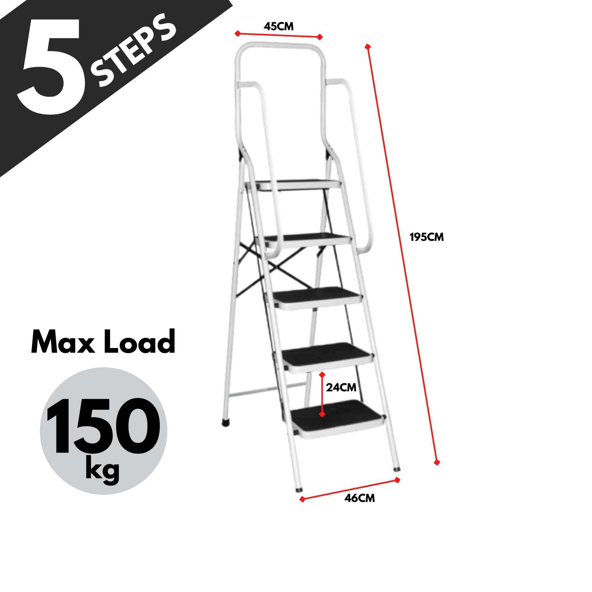 5 STEPS Side Support Steel Ladder With Handle Non Slip Step Folding