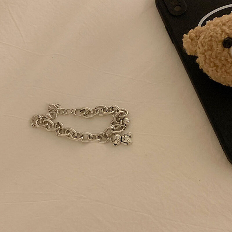 ILOVEDIY Thai Silver Light Luxury Ladies Bear Pendant Tag Charm Silver Bracelet Retro Thick Chain Hip Hop Bracelet Jewelry