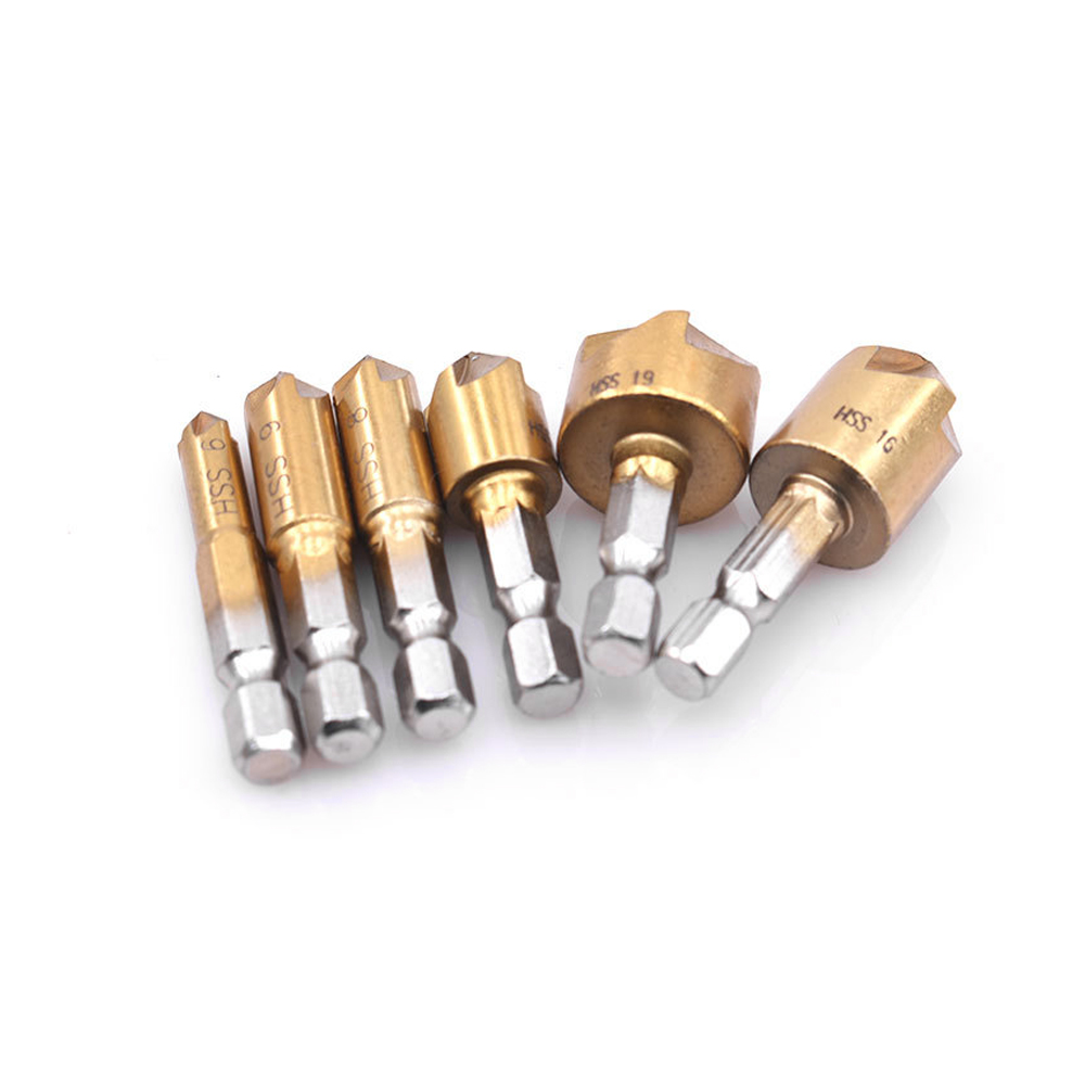 KKmol 6pcs Countersink Drill Bit Set 1/4'' Hex Shank HSS 5 Flute Countersink 90 Degree Wood Chamfering Cutter Chamfer 6mm-19mm