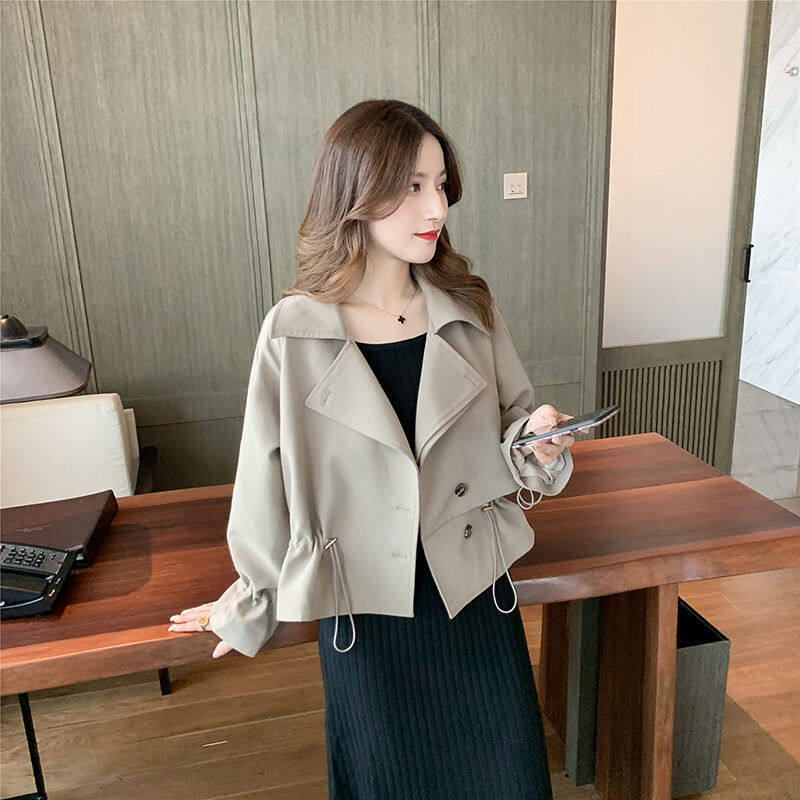 PELECE Double-breasted trench coat women's mid-length spring and autumn new students Korean version of the wild loose suit collar casual autumn jacket