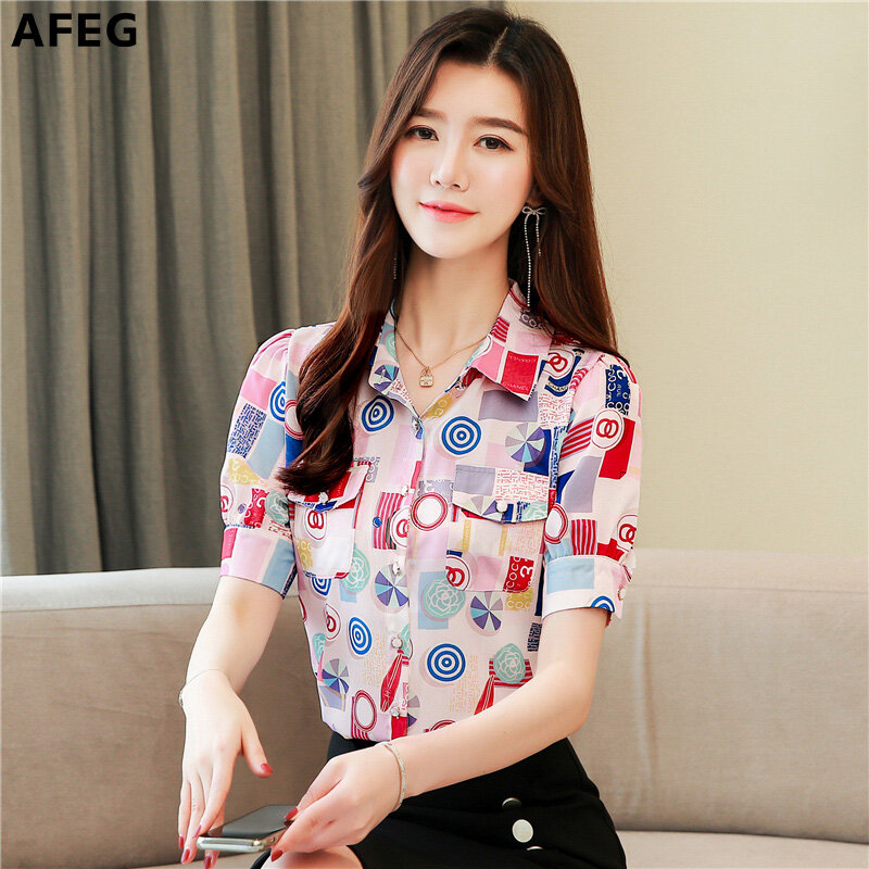 AFEG new Korean women's short-sleeved printed chiffon casual fashion wild temperament elegant blouse