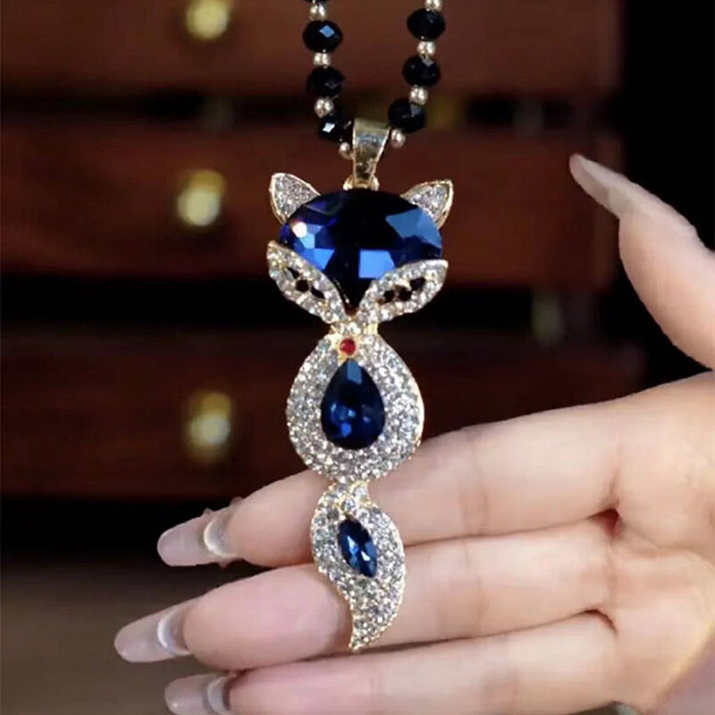 Vivid Fox Necklace for Women Diamond Lucky Pendant Long Necklace for Women Black Beads Sweater Chain