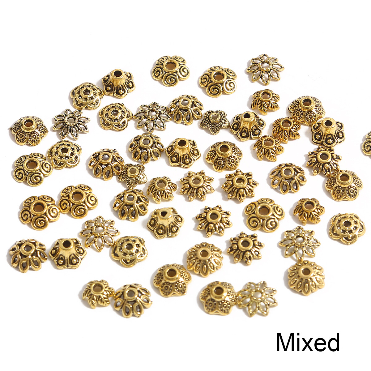 50-100pcs/Bag Mixed Tibetan Antique Gold Color Flower Bead End Caps For Jewelry Making Findings Needlework DIY Bracelet Necklace Accessories Wholesale