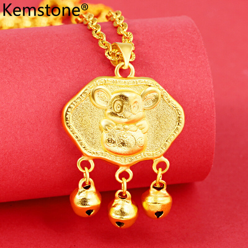 Kemstone Fashion 24K Gold Plated Copper Mouse Lucky Tassel Longevity Lock Pendant Necklace Jewelry Gift for Women Girls