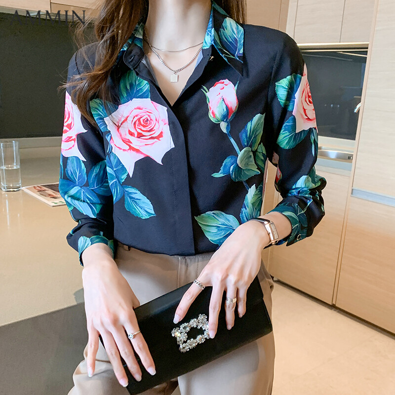 AMMIN Long Sleeve Silk Printed Shirt For Women's New Temperament Long Sleeve Printed Mulberry Silk Top Lady Blouse