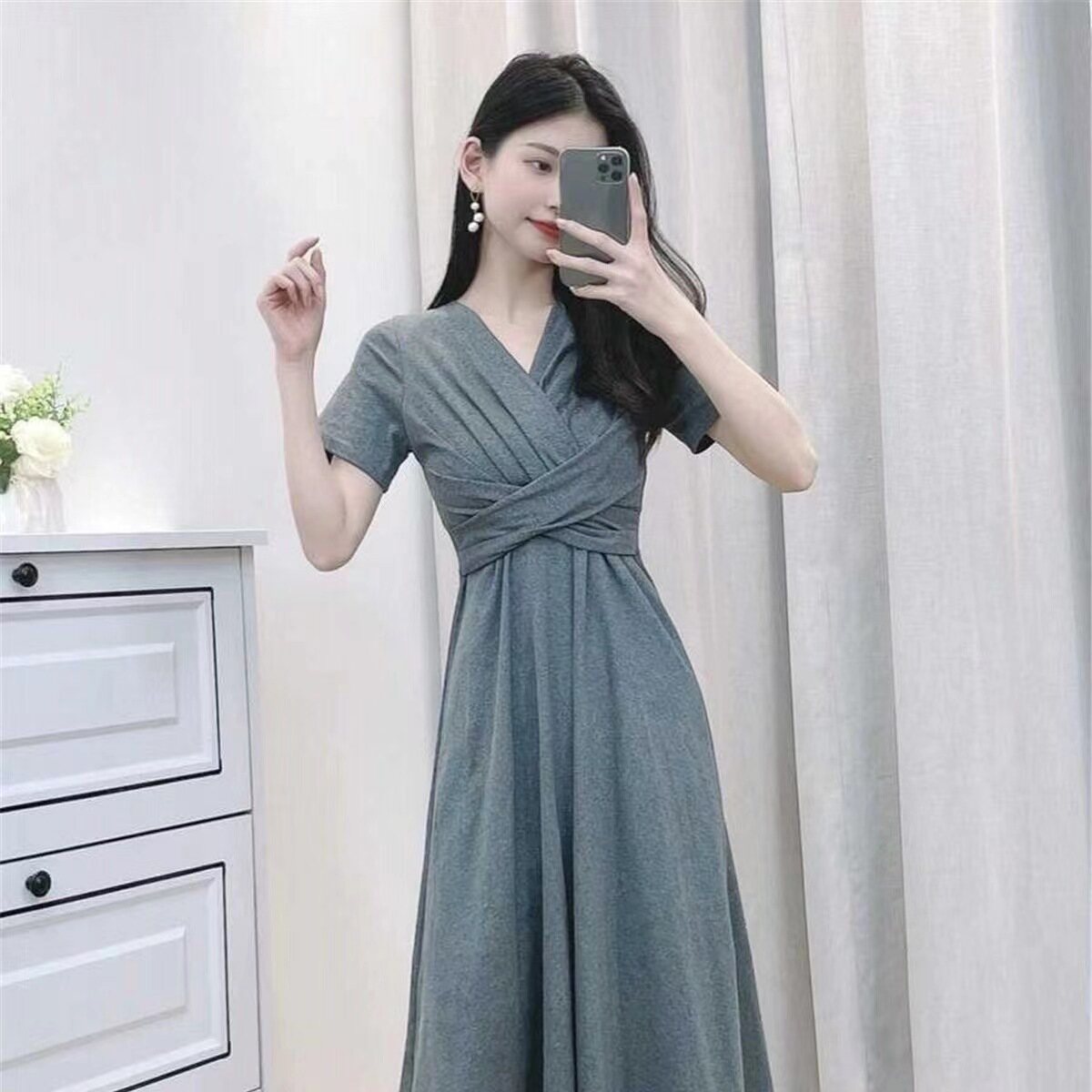 LOMOGI Đầm Nữ Cổ Chữ V Màu Trơn Thanh Lịch