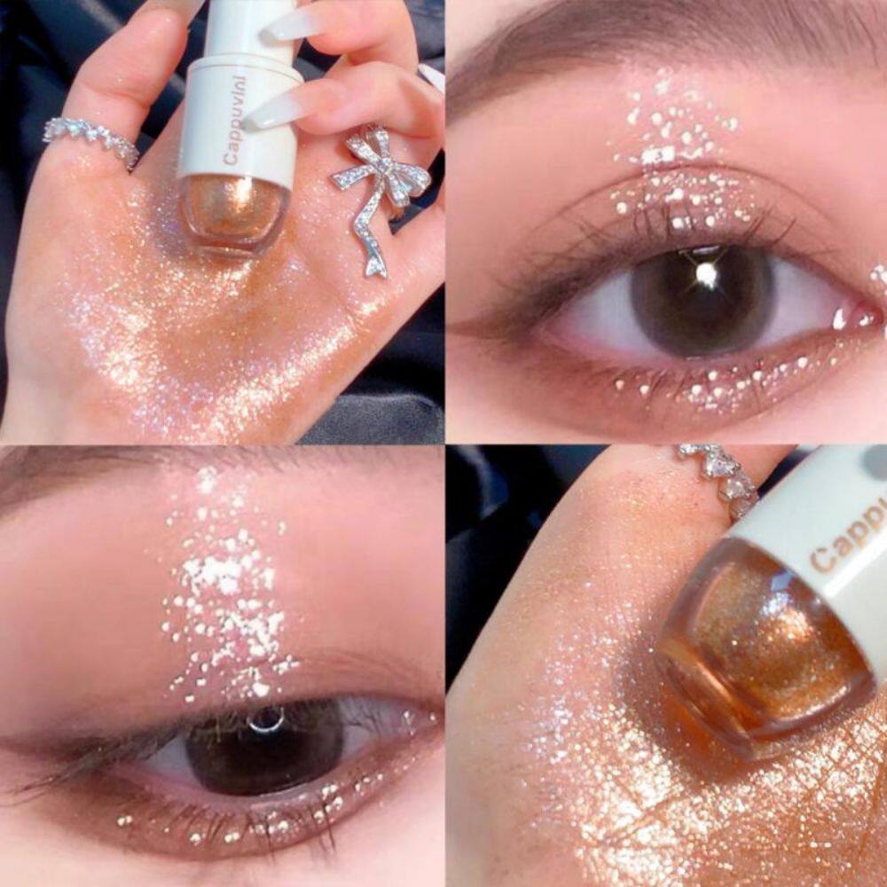 Cappuvini 6 Colors Liquid Eyeshadow Highlight Sequins Glitter Eye Shadow Pearlescent Lying Silkworm Waterproof Lasting Shiny Eye Cosmetic INS