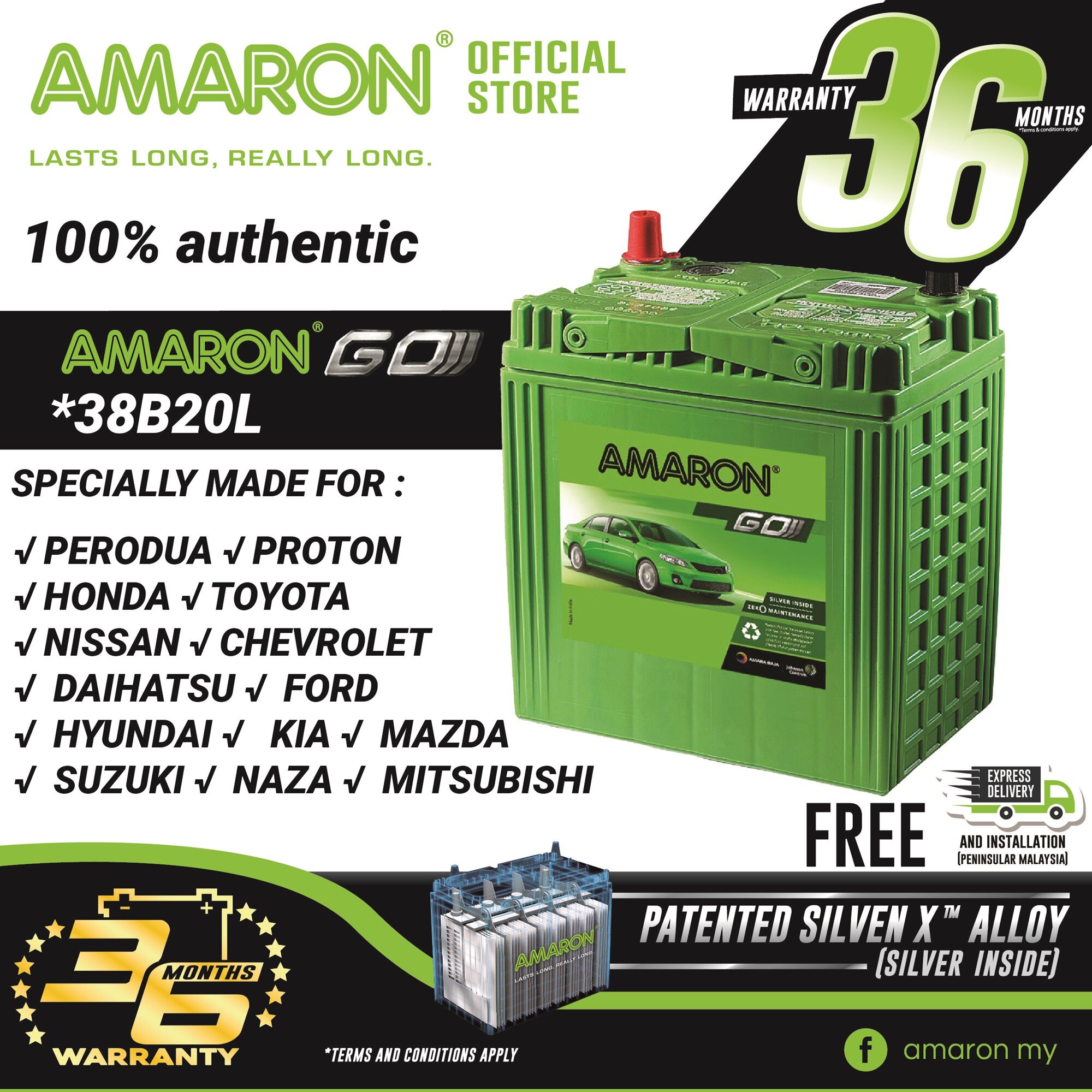 AMARON GO Series 38B20L Car Battery Premium Lasting For Proton Perodua ...