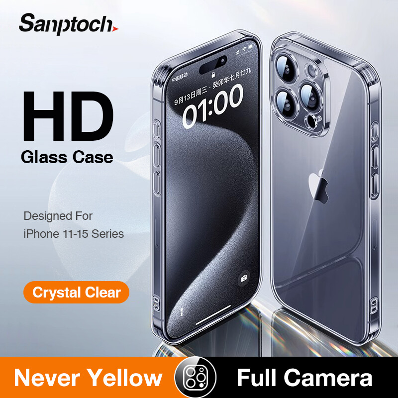 Sanptoch Diamond Glass Phone Case For iPhone 11 / 12 / 13 / 14 / 15 Pro Max X Xs Max XR Slim Clear Cover For iPhone 15 Plus 13 Mini SE 2020 Shockproof Full Camera Lens Protection Casing
