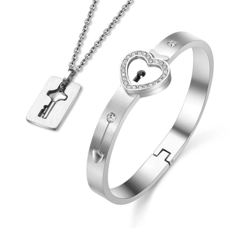 Titanium Steel Love Puzzle Couple Heart Lock Key Couple Bracelet Necklace Lover Jewelry Set Fashion Jewelry