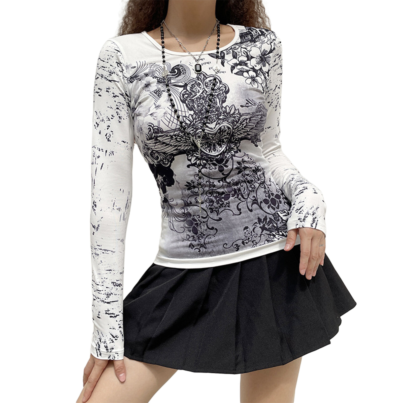 Moderntime Women's Vintage Graphic Print Long Sleeve T-shirt Gothic Round Neck Slim Fit Casual Retro Tee Tops Autumn 90s Grunge Streetwear