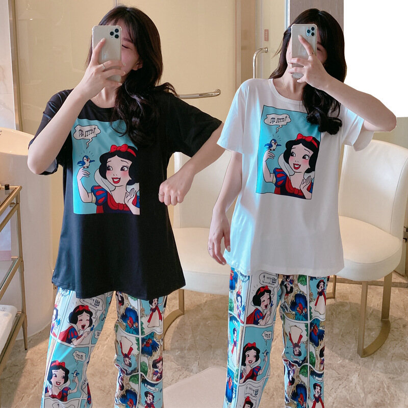 2pcs Women pajamas cute cartoon cotton  short sleeve tshirt sleepwear + loose casual pants