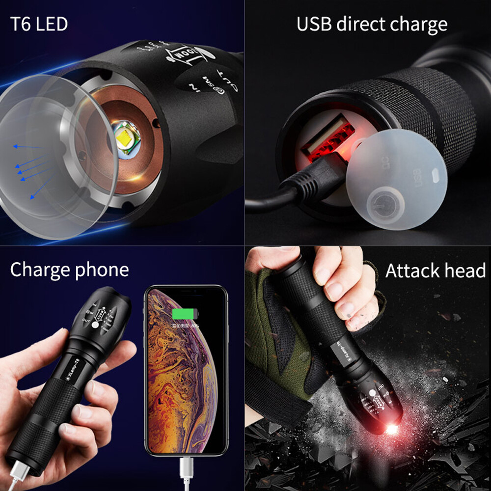 Mini Powerful Rechargeable Led Flashlight Powerful USB Flashlight with Direct Charge T6 Flashlight Tactical  18650 Waterproof Bicycle Biking Camping Hiking Outdoor Emergency Zoomable Survival Security