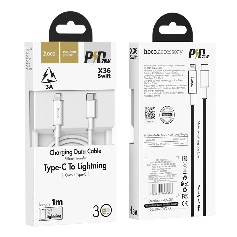 HOCO 20W PD Type C to Lightning Fast Charging Cable USB Power Delivery Quick Charge Cable for Iphone 12 Iphone12 pro Max Iphone 12mini