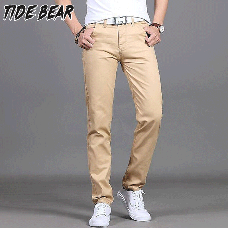 TIDE BEAR New Design Casual Men pants Cotton Slim Pant Straight Trousers Fashion Business Solid Khaki Black Pants Men