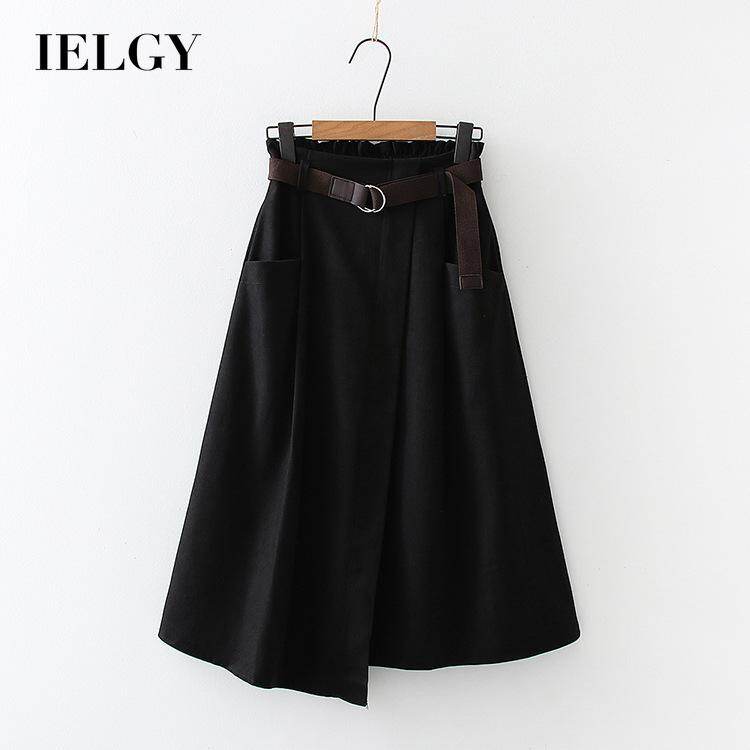 IELGY women's solid color casual pocket high waist slim irregular skirt