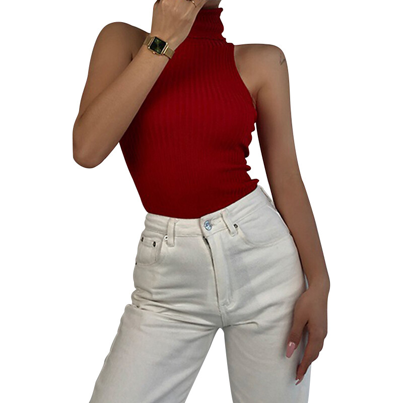Women Summer High Neck Vest, Sleeveless Solid Color Knit Ribbed Slim Fit Tank Tops Clubwear