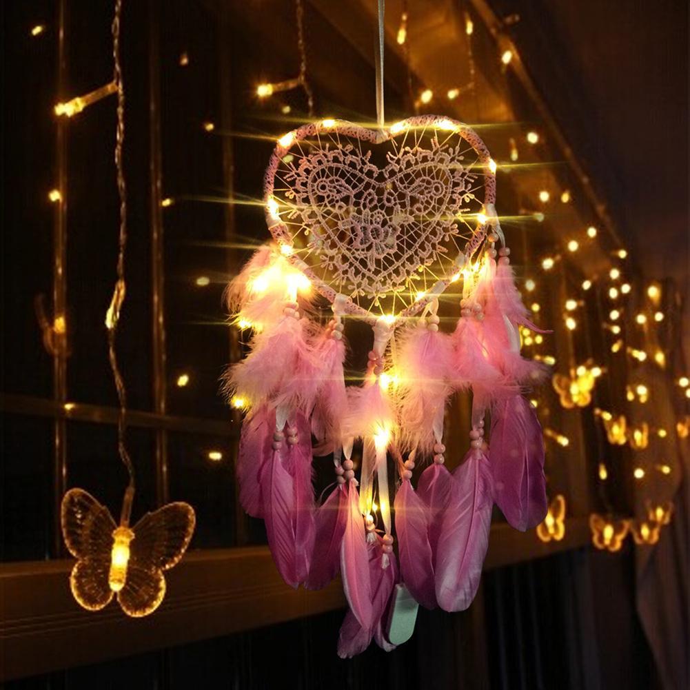 Love Heart Dream Catcher LED Light Feathers Wall Hanging Dreamcatcher Decor