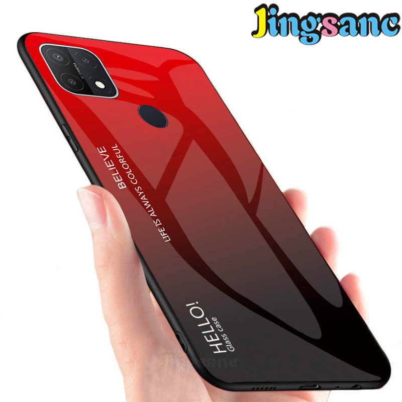 Jingsanc For OPPO A15/A15s/A55 Phone Case Gradient 9H Tempered Glass Colorful Soft TPU Edge Casing Protective Cover