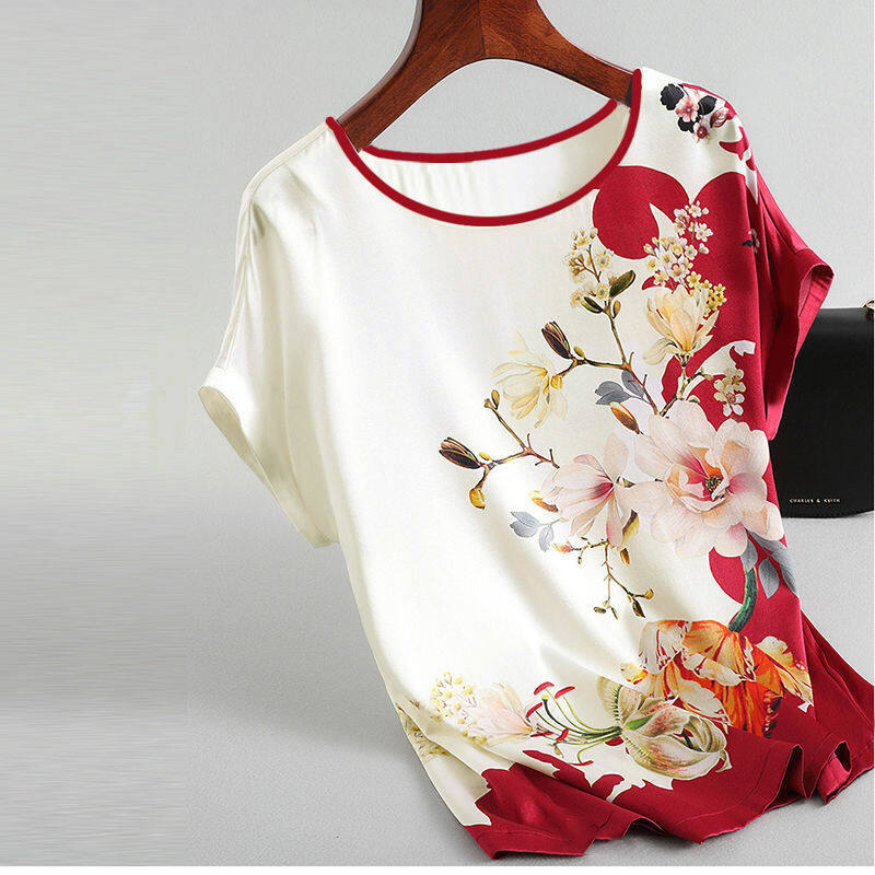 Ice Silk Middle-Aged Women's Summer Short Sleeve Loose T-shirt plus size Mother Tops