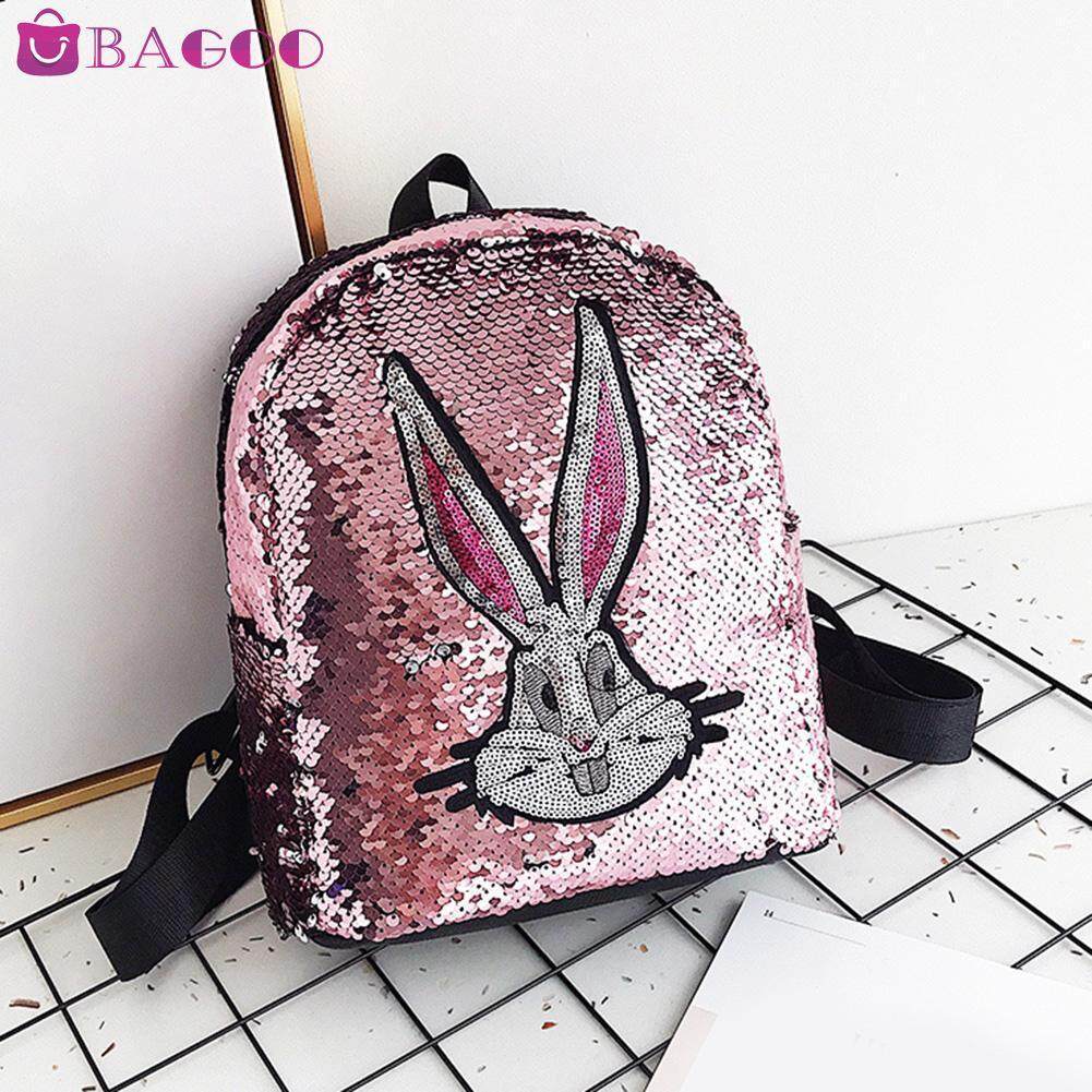 BAGOO Fashion Sequin Bling Girls Mini School Backpacks Cute Cartoon Rabbit Pattern Square Rucksack