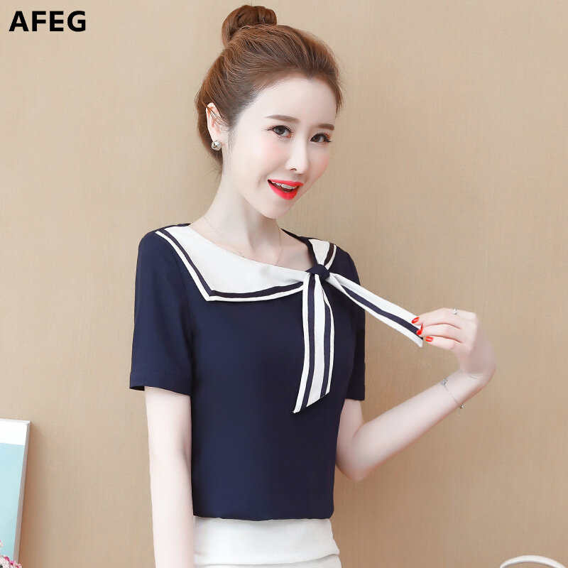 AFEG new Korean women's short-sleeved chiffon casual fashion wild temperament elegant blouse