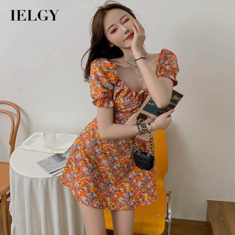 IELGY Women's dress fashionable casual French versatile square collar dress floral slim simple