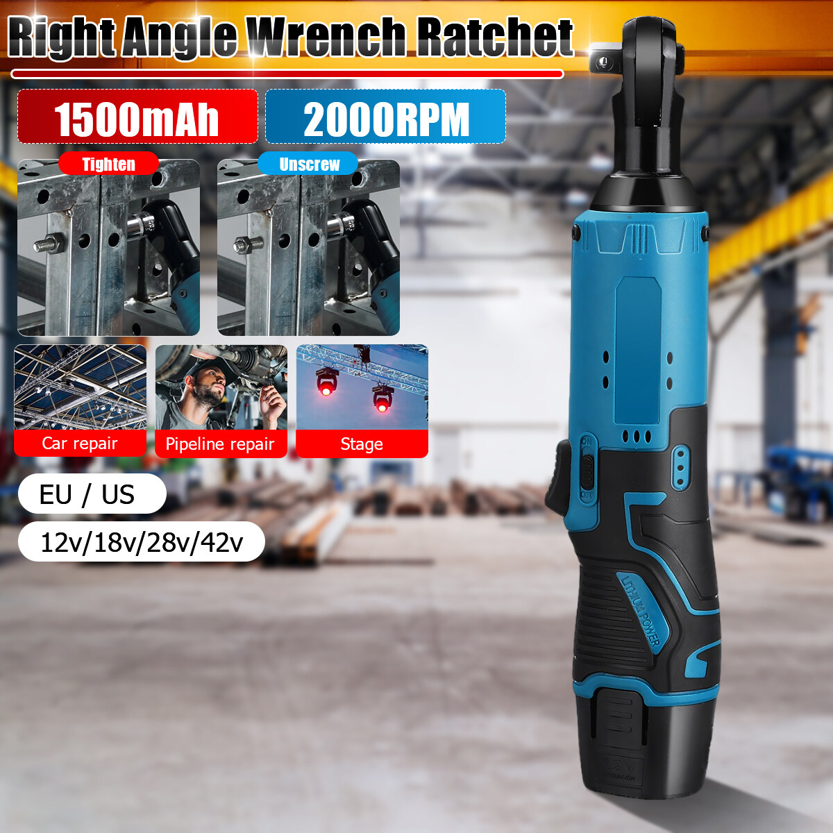 12V Cordless Electric Right Angle Ratchet Wrench Tool Set 57N.m Torque