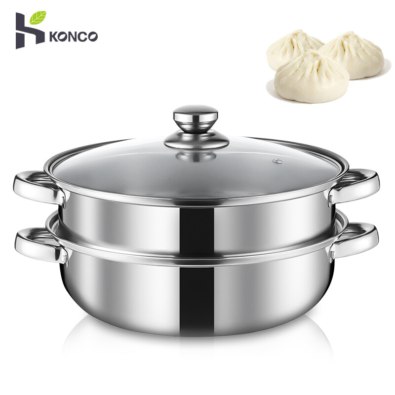 Konco Stainless Steel 2 layers Steamer Gas Induction Cooker Soup Steamboat Pot Steamer Transparent Glass Lid Kitchen Cookware