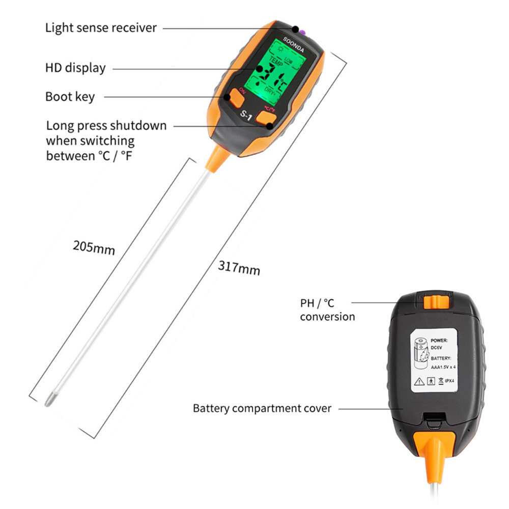 Smart Sensor 4-in-1 Soil Tester Multifunctional Soil Detector Moisture Meter pH Meter Temperature Moisture Sunlight Intensity PH Tester