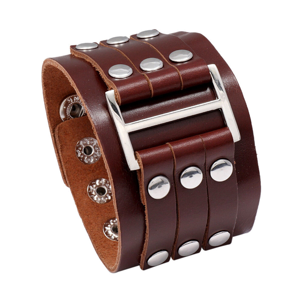 【Miss Lan】Men's Punk Wide Genuine Leather Big Buckle Rivet Cuff Wristband Bracelet Bangle