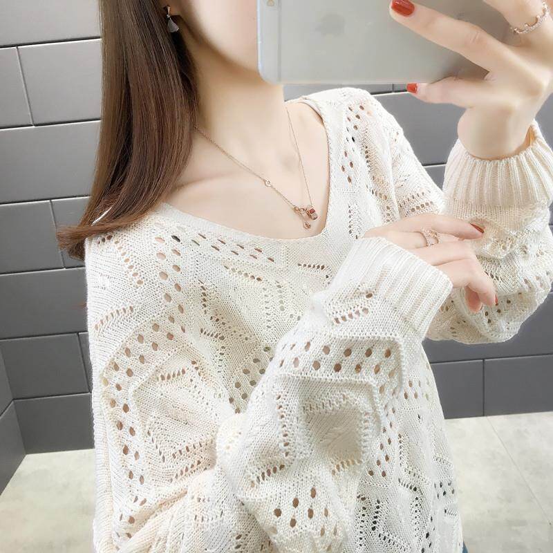 Hollow Sweater Women's Pullover Spring V-neck Shirt Loose Outer Wear Short Sweater Bottoming Shirt