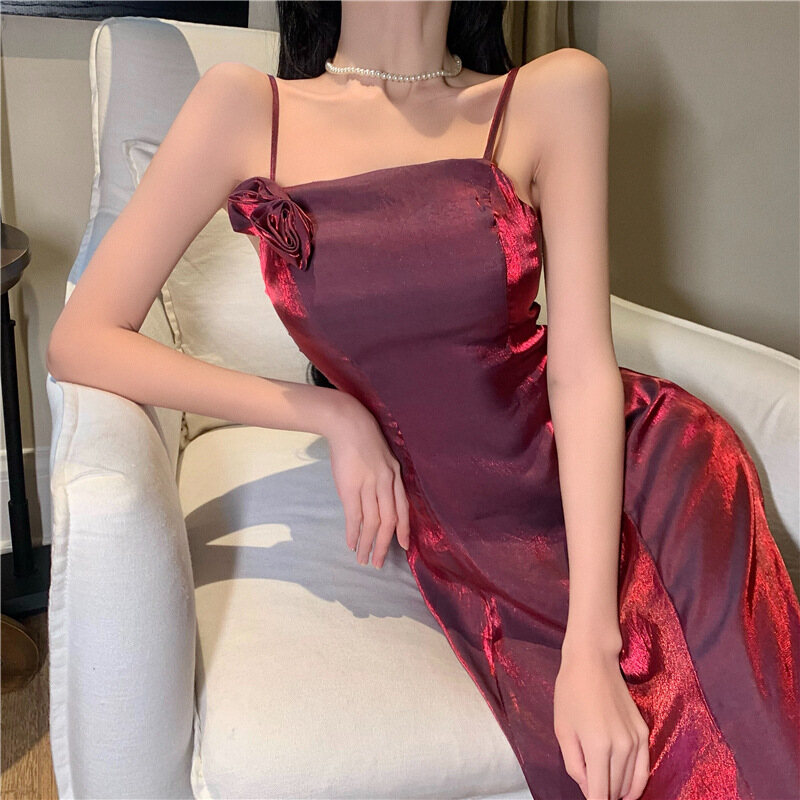 Glary Star Retro French Waist Slim Temperament Red Suspender Dress High-end Satin Dress Holiday Dress