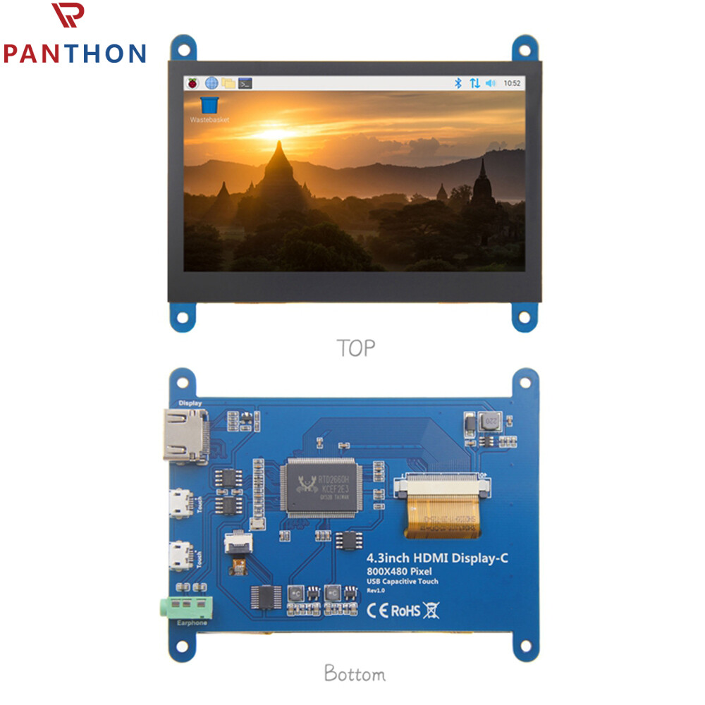 Panthon 4.3 inch for raspberry pi hdmi display with capacitive touch screen resolution 800*480 support windows10/8/7 5-point touch support for raspberry pi 3b+/4b single-point touch control usb touch