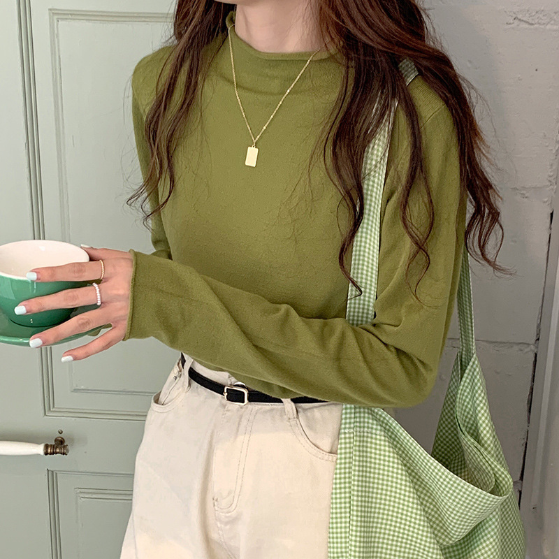 IELGY women's solid color half turtleneck long sleeve knitted bottoming shirt