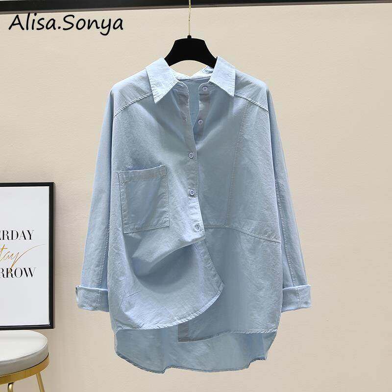 Alisa.Sonya Áo Sơ Mi Trắng Cotton Cho Nữ Áo Cánh Dài Tay Cơ Bản Màu Trơn Cài Cúc Thời Trang Cơ Bản Phong Cách Hàn Quốc Cho Nữ