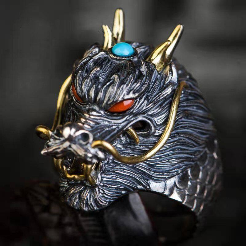 LR-Dragon head domineering ring red eyes zodiac ring men and women personality retro hip hop ring carved dragon scales