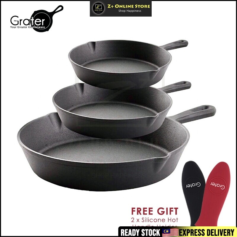 Grater Set of 3 Pcs Pre-Seasoned Cast Iron Round Non Stick Skillet Round Oven Grill Frying Pan Steak