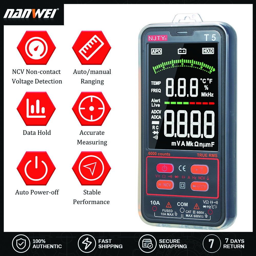 NJTY T5 6000 Counts True RMS Multimeter Digital Universal Tester 3.8-in-ch Large LCD Display Multi-Tester 600V Voltmeter 10A Ammeter AC/DC Voltage & Current Resistance Capacitance Temperature Diode Buzzer NCV Measurement with Dual Flashlight