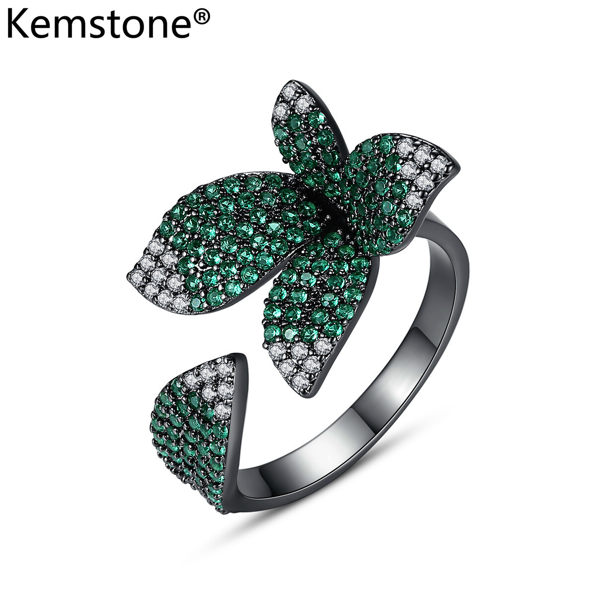 Kemstone Crystal Silver Green Leaves Adjustable Cuff Ring Female Women Jewelry Gift