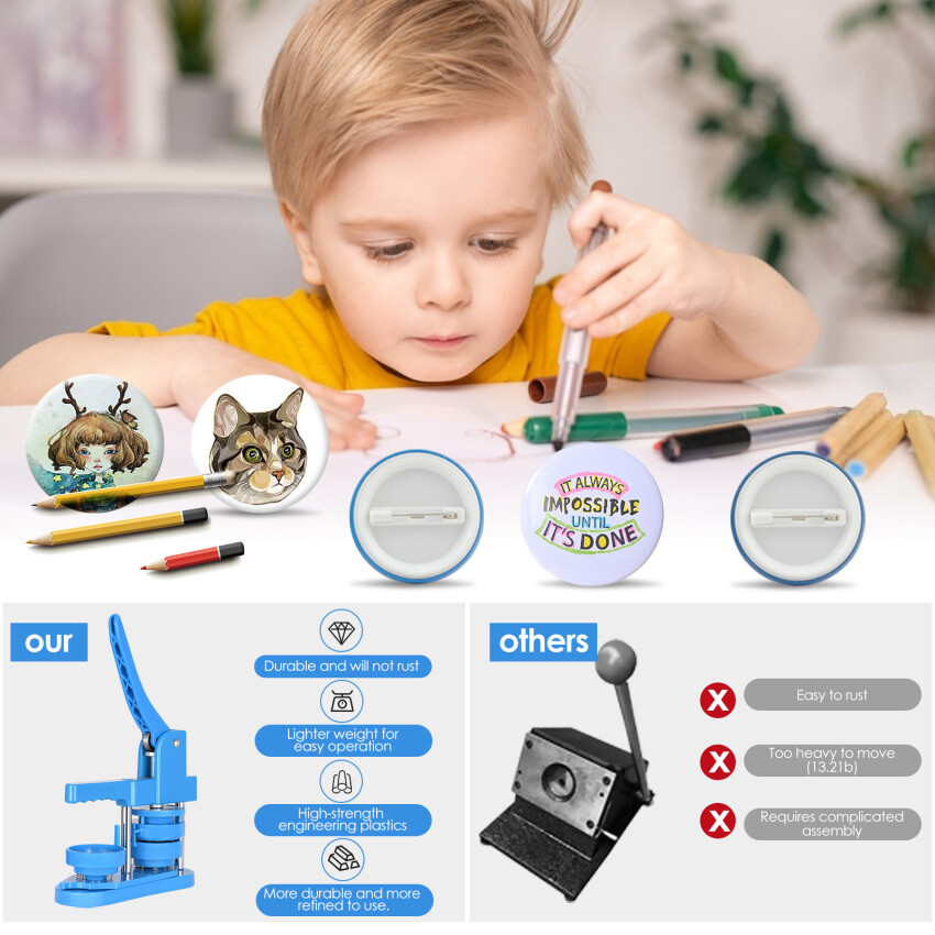 Nút làm cho máy cài đặt miễn phí 58mm DIY nút làm cho máy thiết lập, huy hiệu dập máy với miễn phí 100 cái nút nhựa và máy cắt tròn, hình ảnh và cuốn sách ma thuật