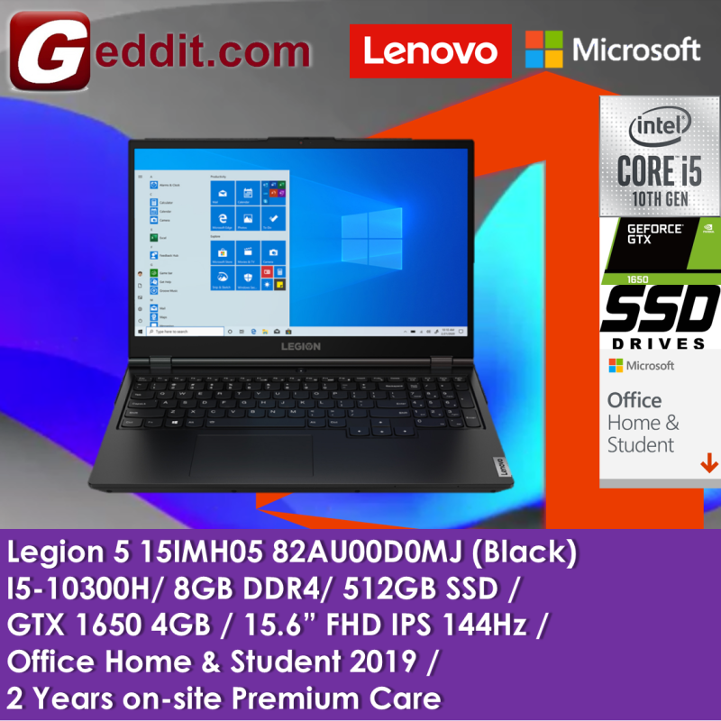 LENOVO LEGION 5 15IMH05 82AU00D0MJ GAMING LAPTOP (I5-10300H,8GB,512GB SSD,15.6 FHD,144Hz,GTX1650 4GB,WIN10) FREE LEGION Y GAMING BACKPACK + PRE-INSTALLED OFFICE H&S 2019 Malaysia