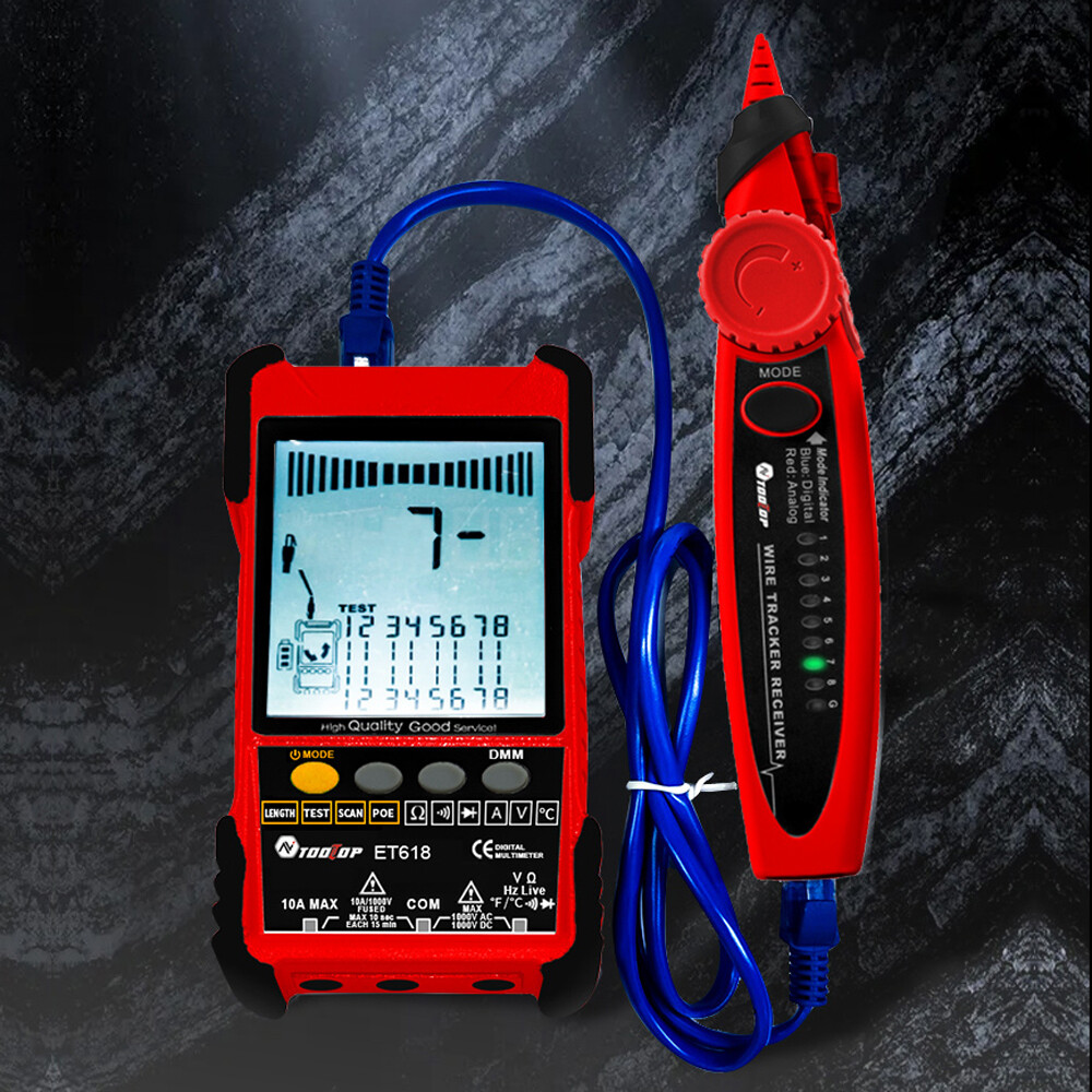 Fansline- TOOLTOP ET616 Handheld Portable Cable Tester with LCD Display Analogs Digital Search POE Test Cable Pairing Sensitivity Adjustable Network Cable Length Short Open Circuit Measure Trackers Multifunctional Cable Tester