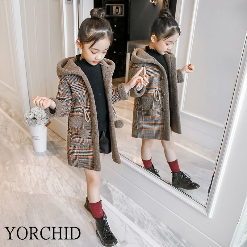 2021 Autumn Winter Girls Hairy Coat Fashion Design Long Coat for Girls Kids Outerwear Grid Pattern Warm Winter Jacket Coats 4-12T