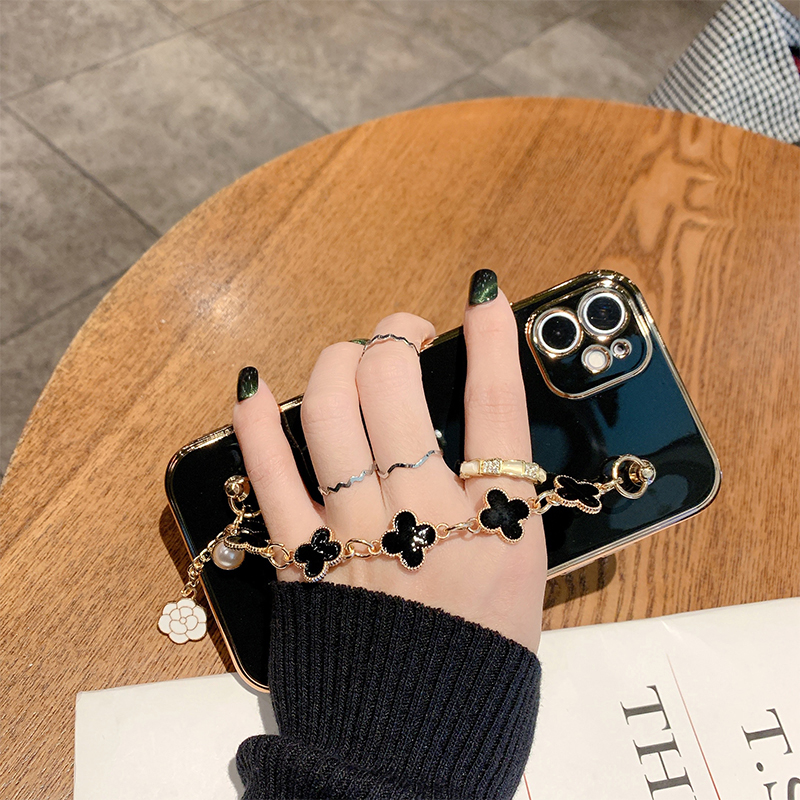 AnDyH Straight Edge Plating Phone case For Huawei Y9S casing,Precise Camera Protection cases Cute girl style cover with Four leaf clover bracelet