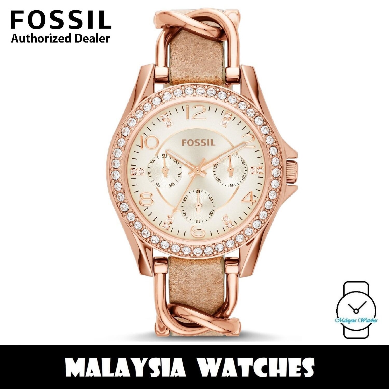 OFFICIAL WARRANTY Fossil ES3466 Riley Multifunction Rose Tone Sand Leather Watch Lazada