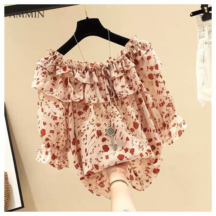 AMMIN Tops 2024 new Korean version of ruffled stitching color loose fashion short style blouse women summer short-sleeved elastic boat neck floral print flared sleeve chiffon shirt