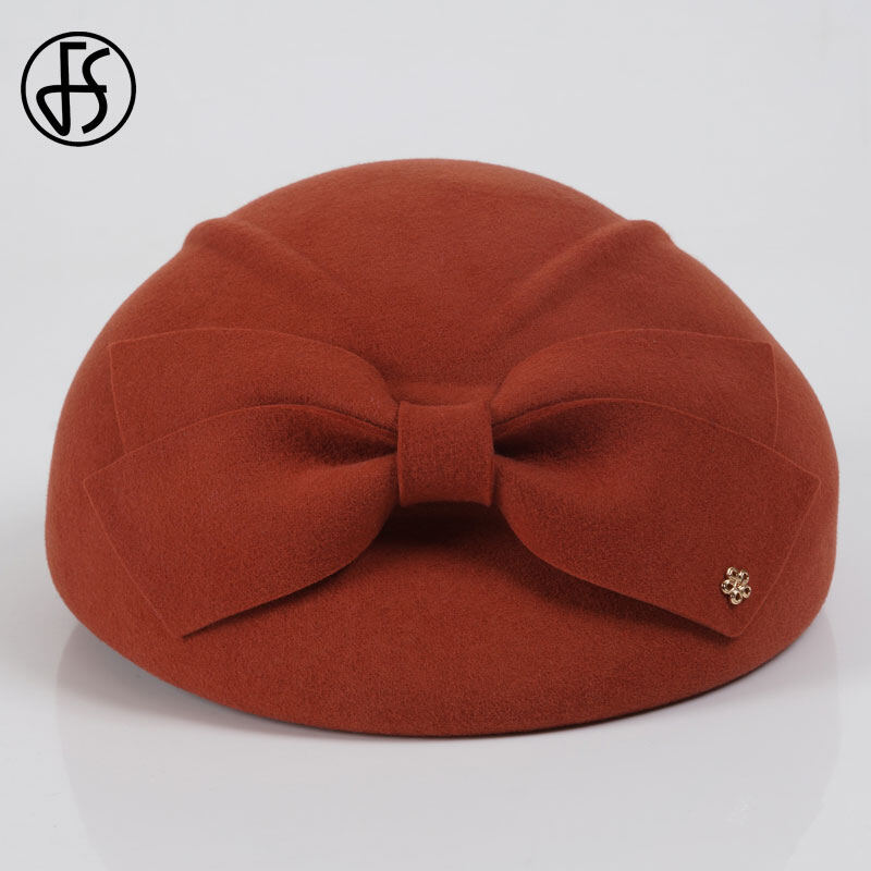 FS French Berets Caps For Women Fashion 100% Wool Felt Fedora Hat Winter Blue Purple Red Church Female Fleece Cloche Hats