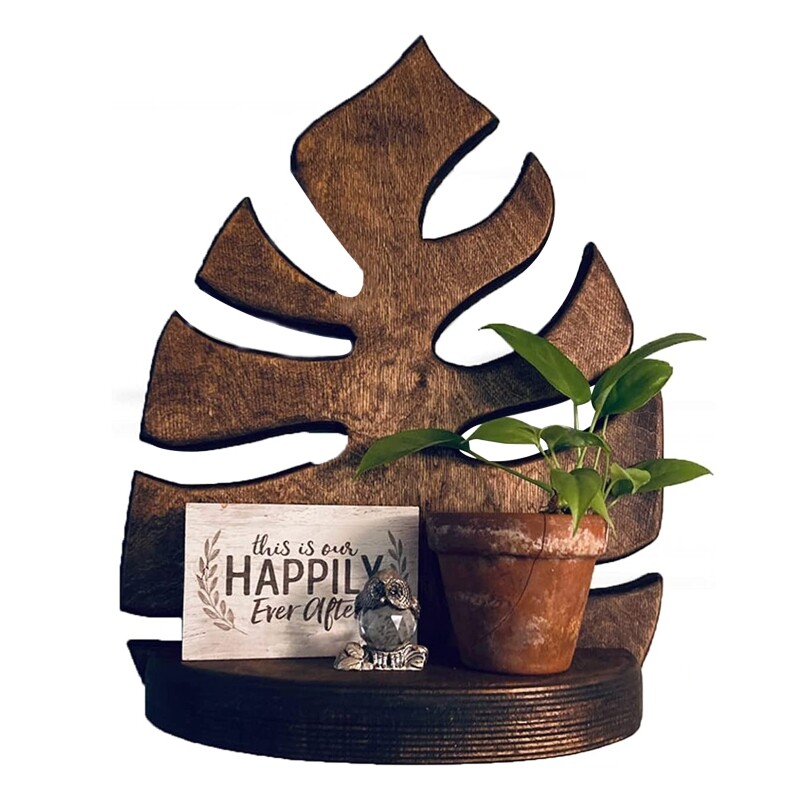 Wooden Monstera Shelf Wall Mounted Photo Frame Candle Book Storage for Home Living Room Office Decoration Rack